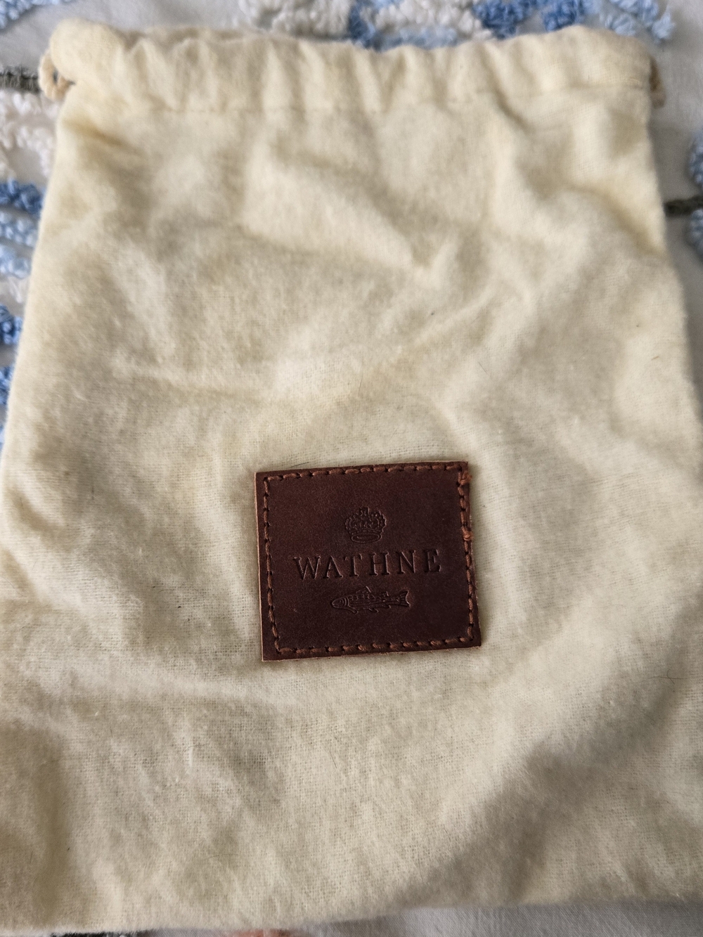 Wathne Cream Drawstring Bag with Brown Leather Logo Patch